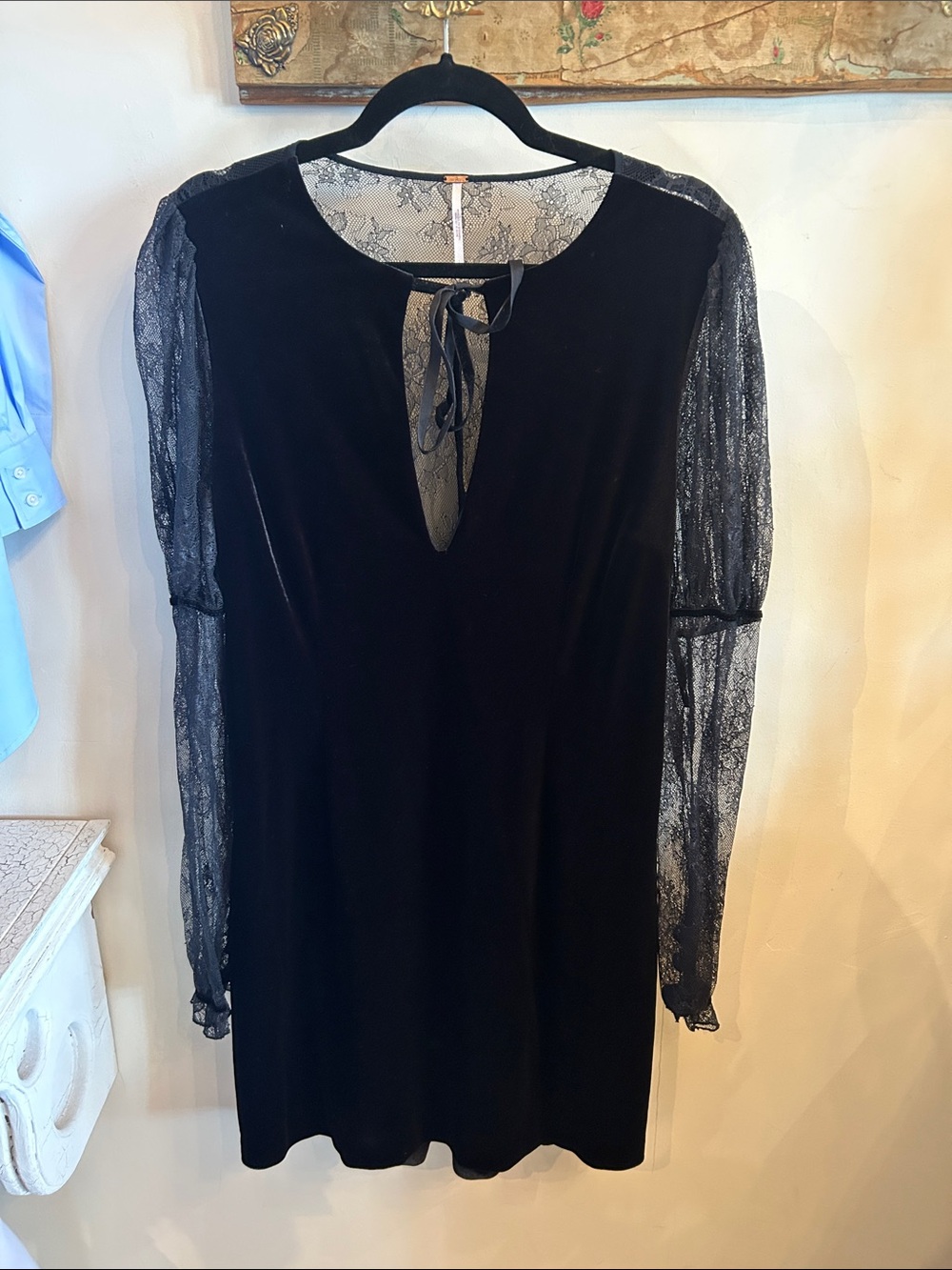 Free People Black Velvet Mini Dress with Sheer Lace Sleeves